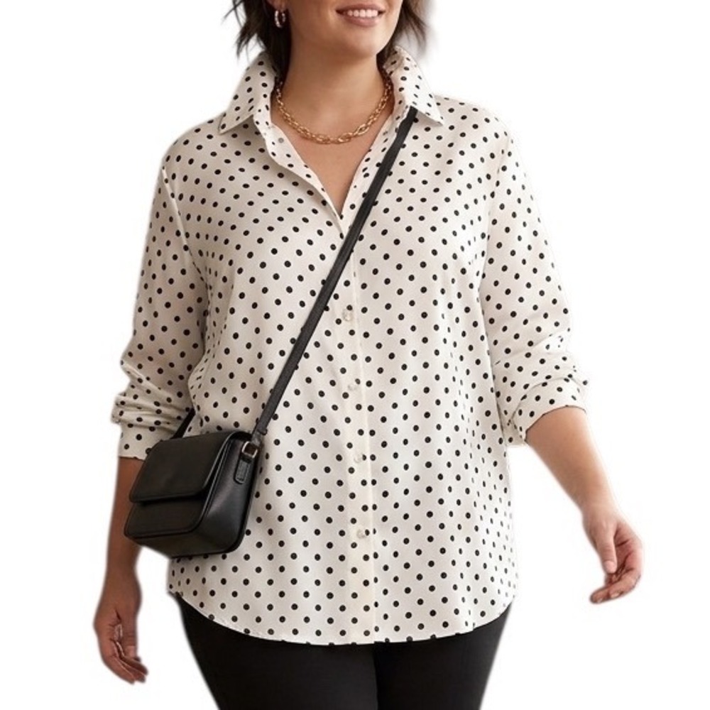 LOFT Polka Dot Button Down Satin Shirt White Black Long Sleeve XL Officecore